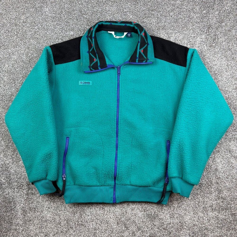 Vintage Columbia Fleece Jacket Mens M Teal Green USA Made Full Zip Aztec Collar